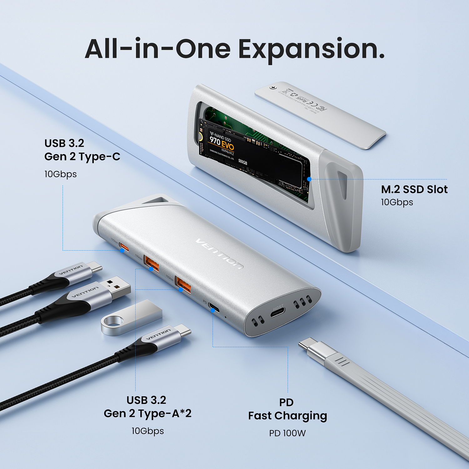 TNII0 Хаб Vention USB-C to USB 3.2 Gen 2-Ax2/USB 3.2 Gen 2-C/M.2 NVMe/PD SSD Enclosure Серебристый