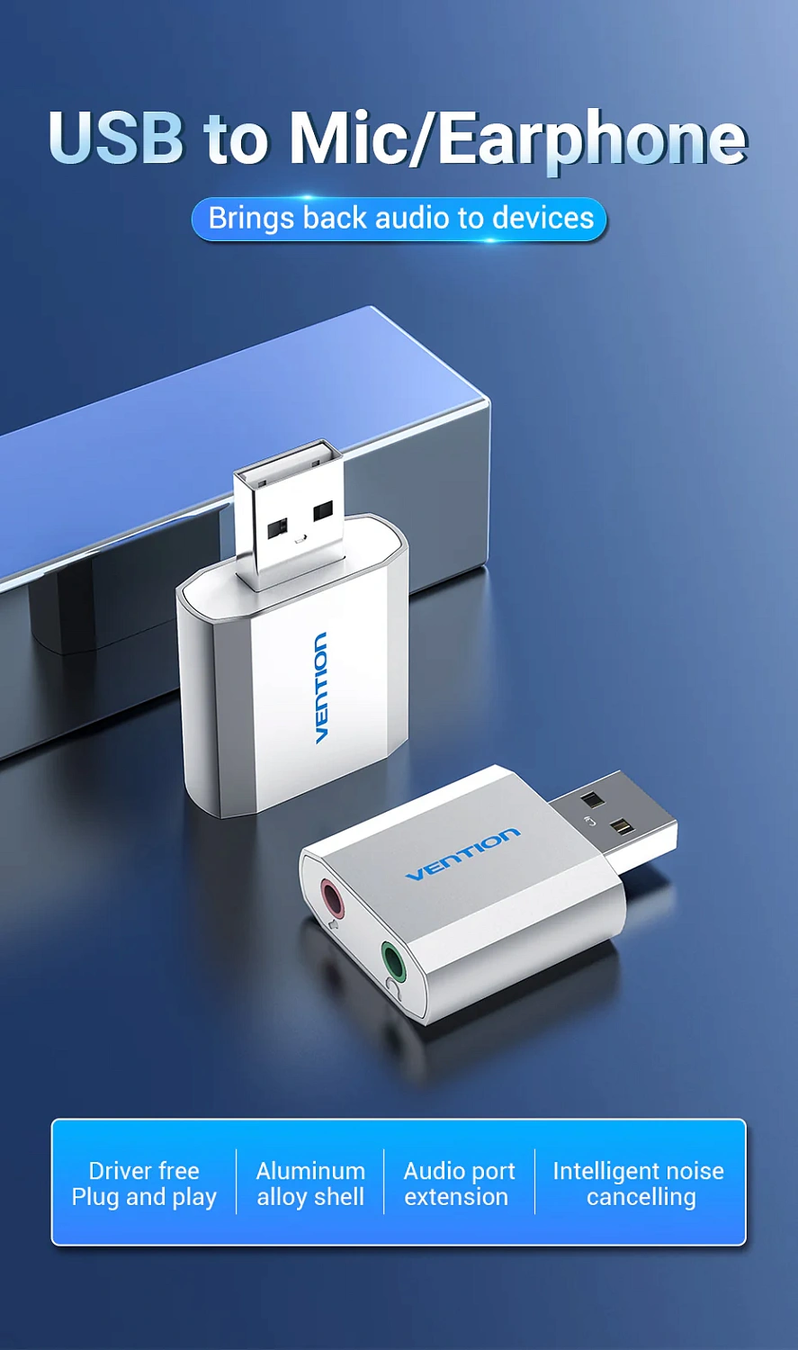 VAB-S13 Звуковая карта USB Vention External Sound Card Silvery Metal Type