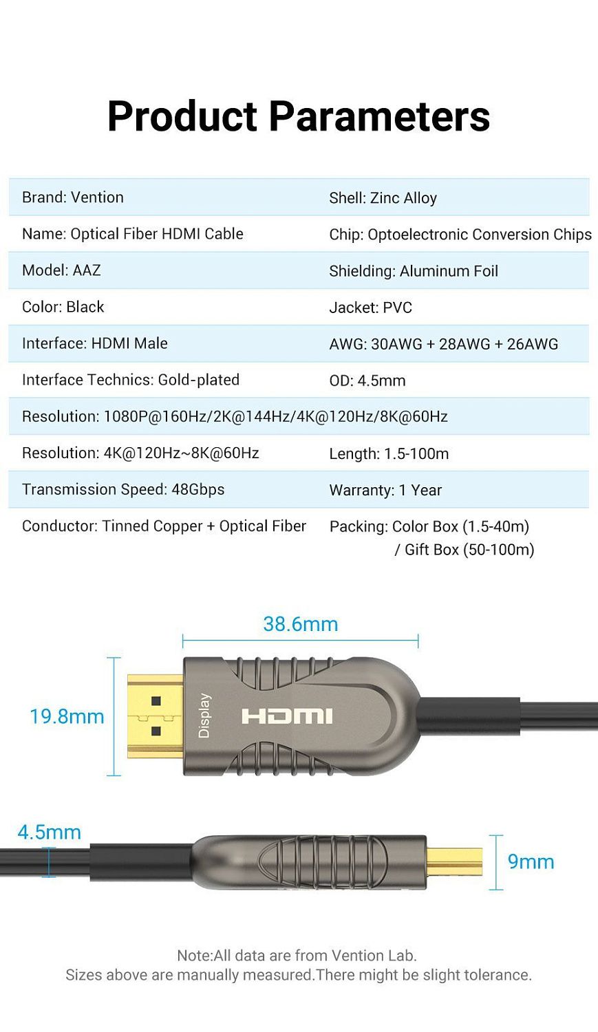 AAZBV Оптический Кабель HDMI v2.1 8K 60Hz Vention длина: 40м, цвет: черный