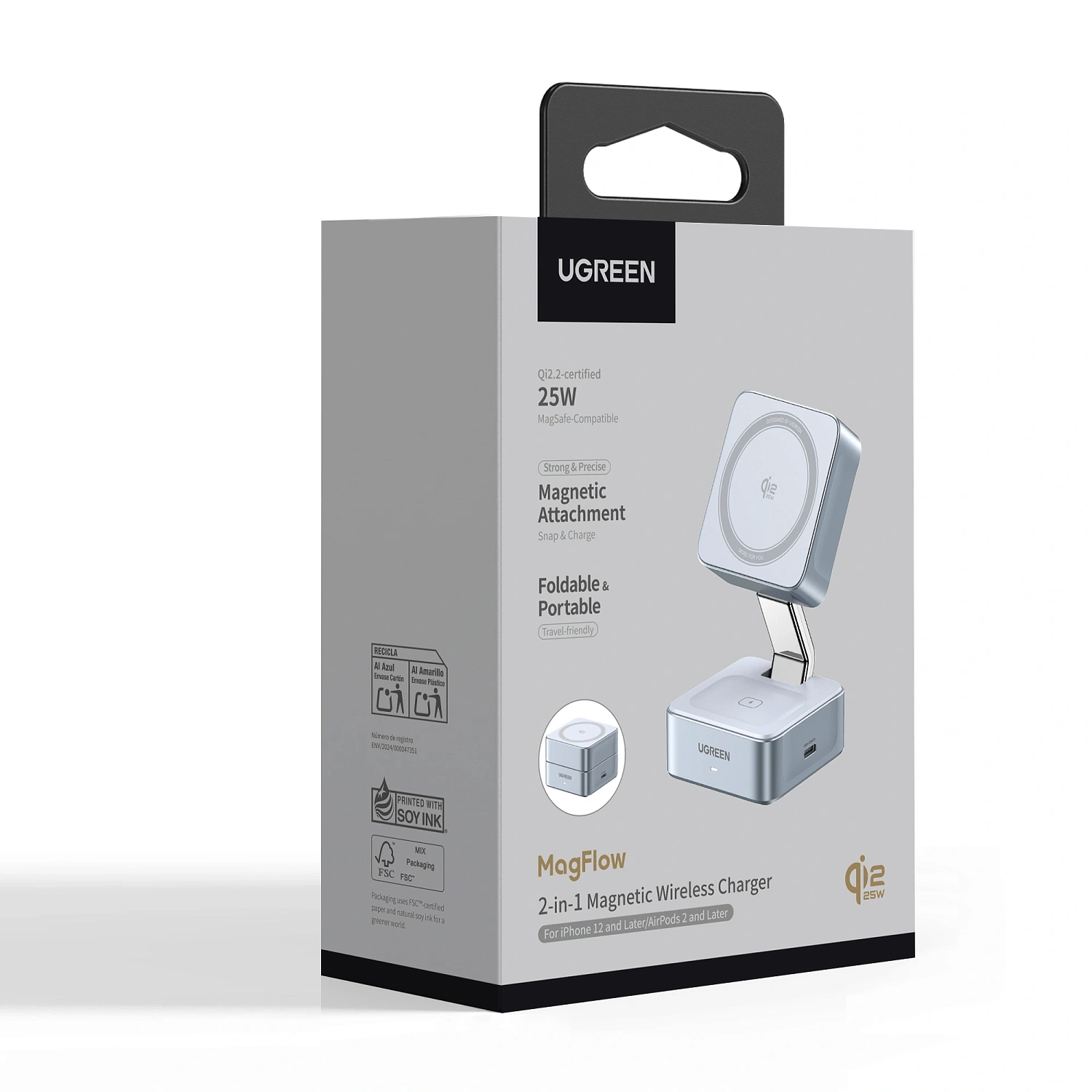 55960B Беспроводное складное зарядное устройство UGREEN W752 "MagFlow" 2-in-1 Magnetic 25W Wireless QI2.2 Charger. Цвет: серебристо-голубой